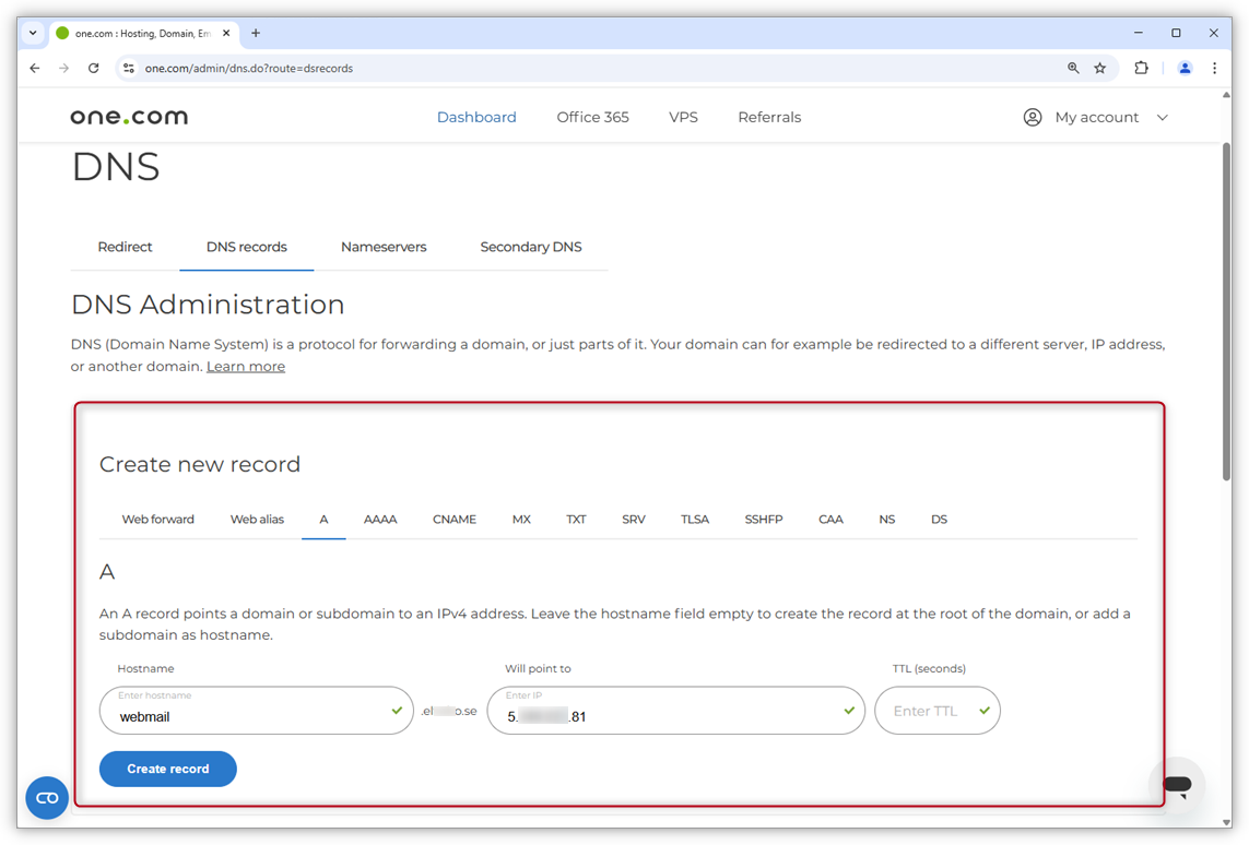 Screenshot of the DNS panel in one.com Controlpanel