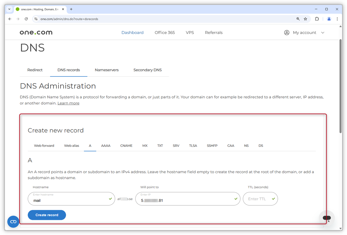 Screenshot of the DNS panel in one.com Controlpanel