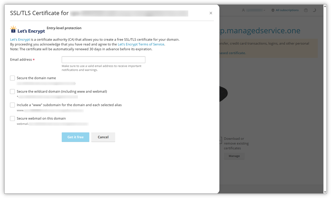 Captura de pantalla en Plesk donde se decide qué debe cubrir el SSL.