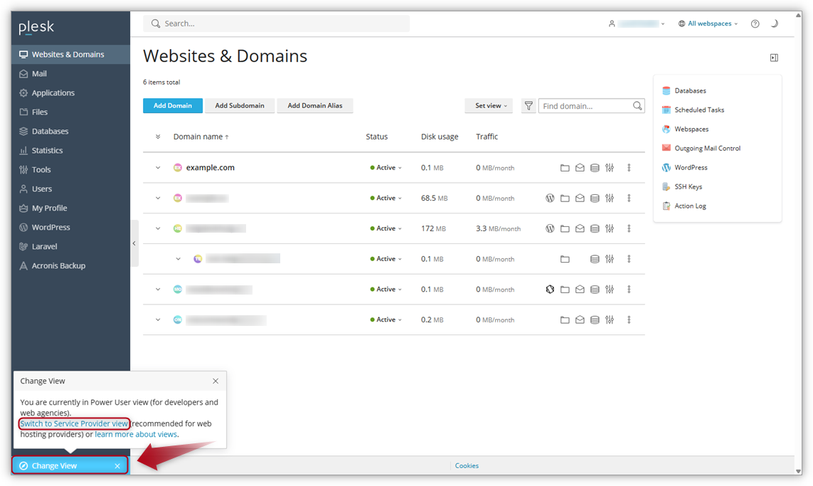 Kuvakaappaus Pleskistä näyttää, mistä näkymän voi vaihtaa.