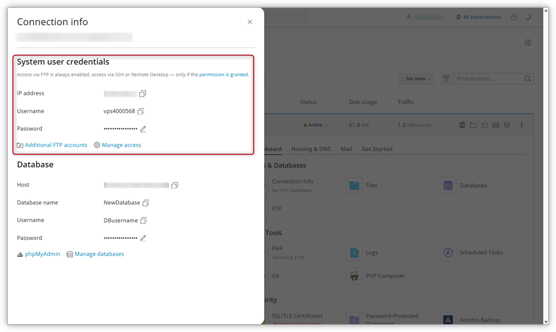Sceenshot in Plesk where System User credentials is highlighted.