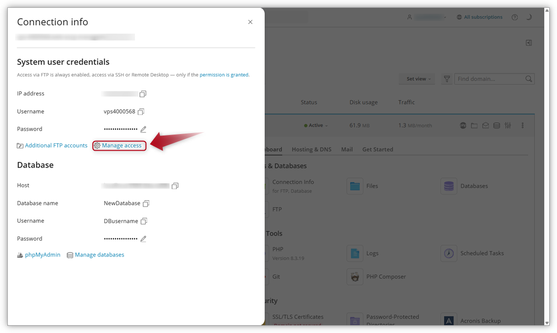 Screenshot in Plesk where Manage Access button is highlighted.