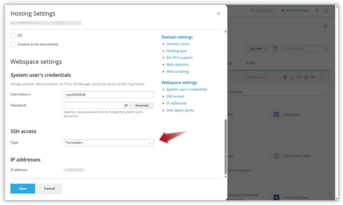 Screenshot in Plesk where an arrow is pointing to Type, where you can change which SSH access.