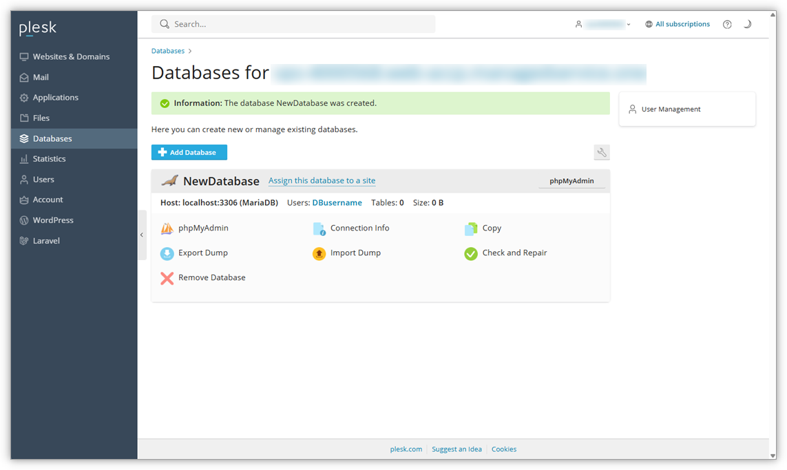 Sceenshot met een bevestiging dat een database is aangemaakt, inclusief de beschikbare opties voor de database.