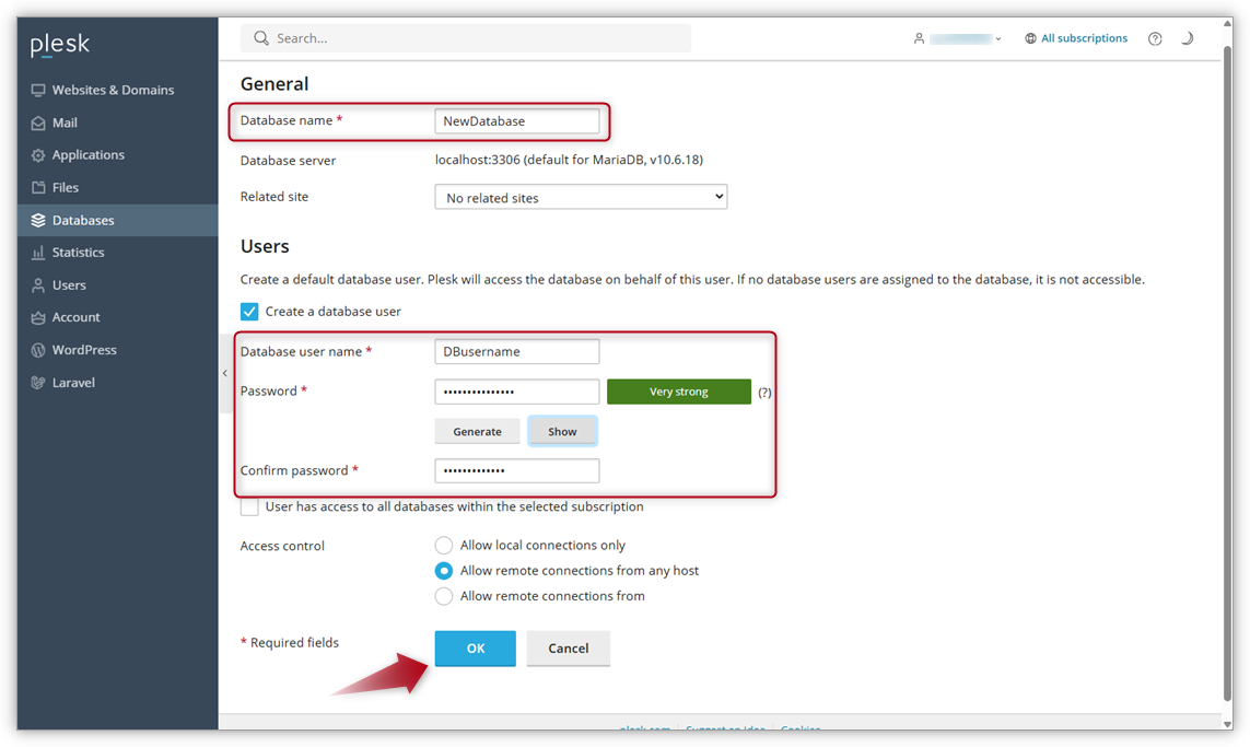 Screenshot of the setup page for a new database in Plesk. Required fiels are highlighted. 