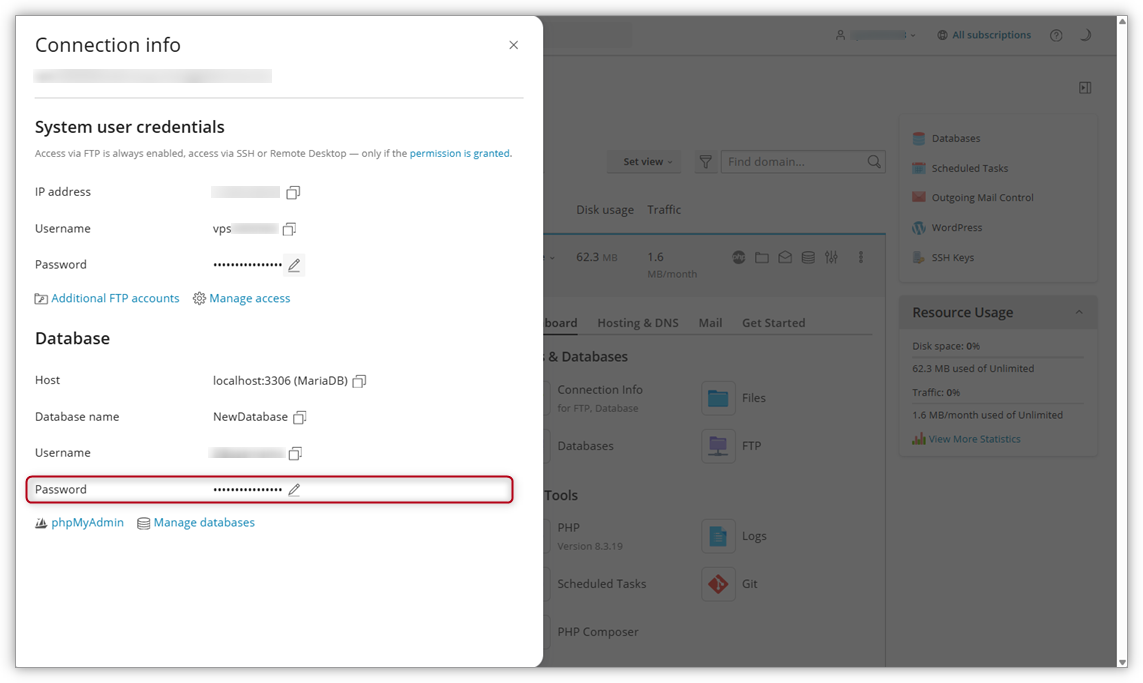 Screenshot in Plesk where the password area is highlighted.