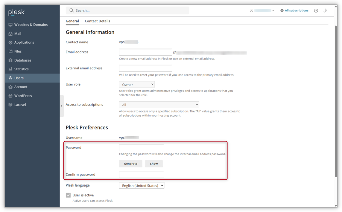 Screenshot of Plesk where the area for password is highlighted.