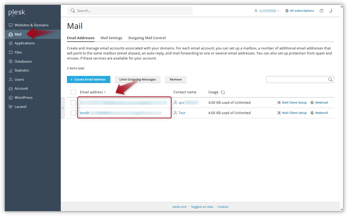 Screenshot of Plesk where the arrows points at Mail in the menu and on the list of emailaccounts.