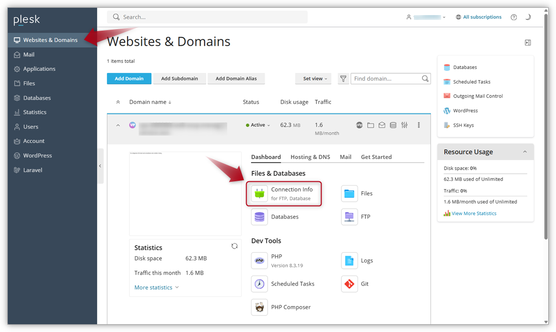 Screenshot in Plesk where the arrows points at Website & Domains in the menu and on the button Connection Info