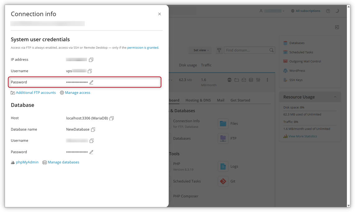 Screenshot in Plesk where the password area is highlighted.