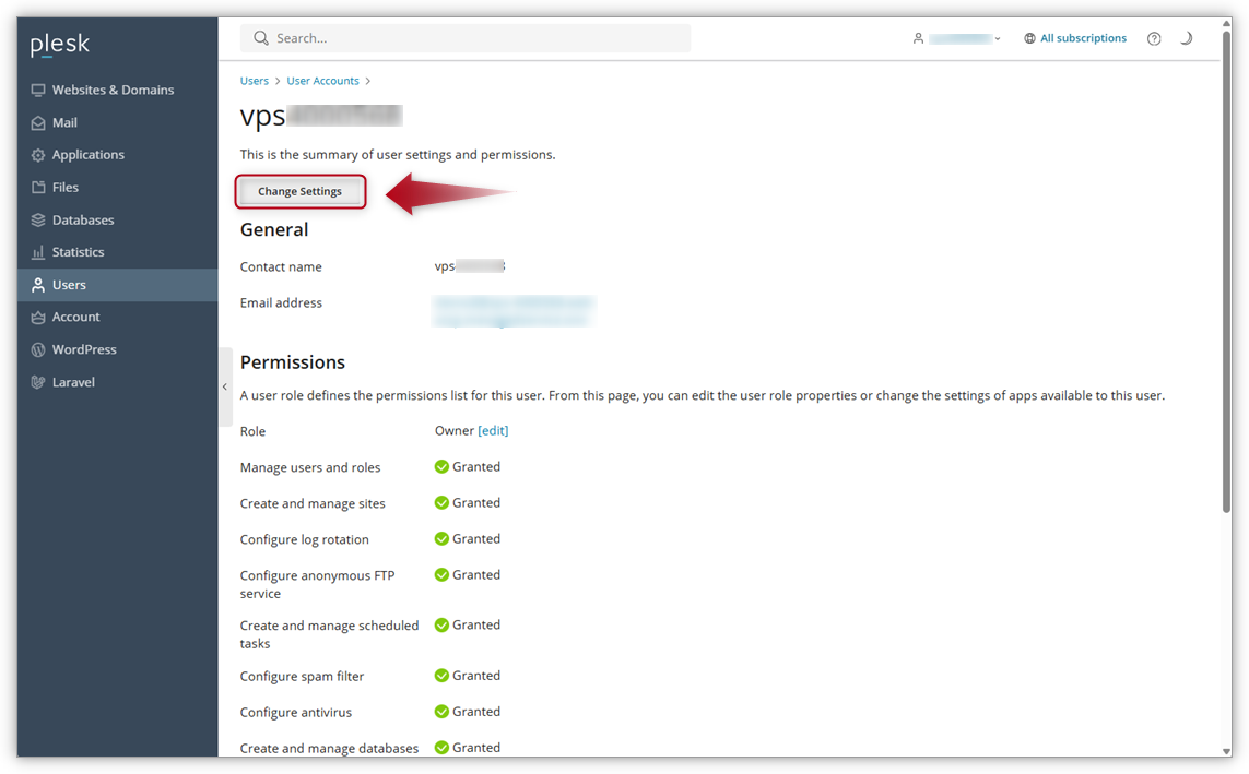 Screenshot of Plesk where an arrow is pointing at the button Change settings.