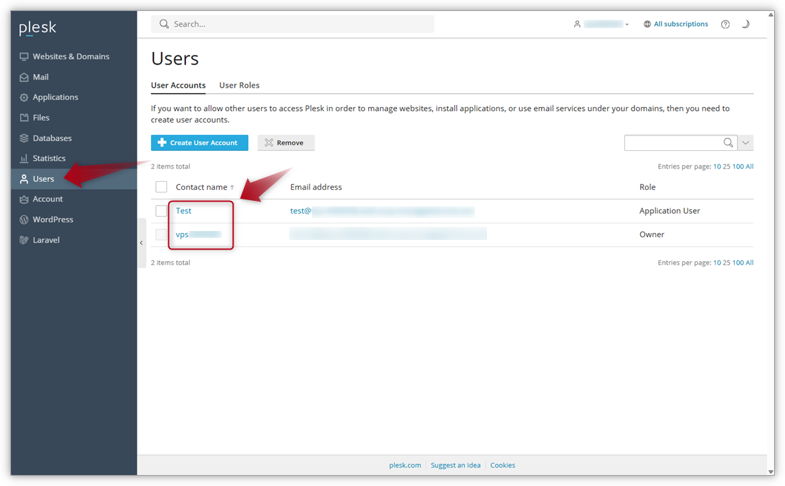 Screenshot of Plesk where the arrows point at Users in the menu to the left and also the user profiles.