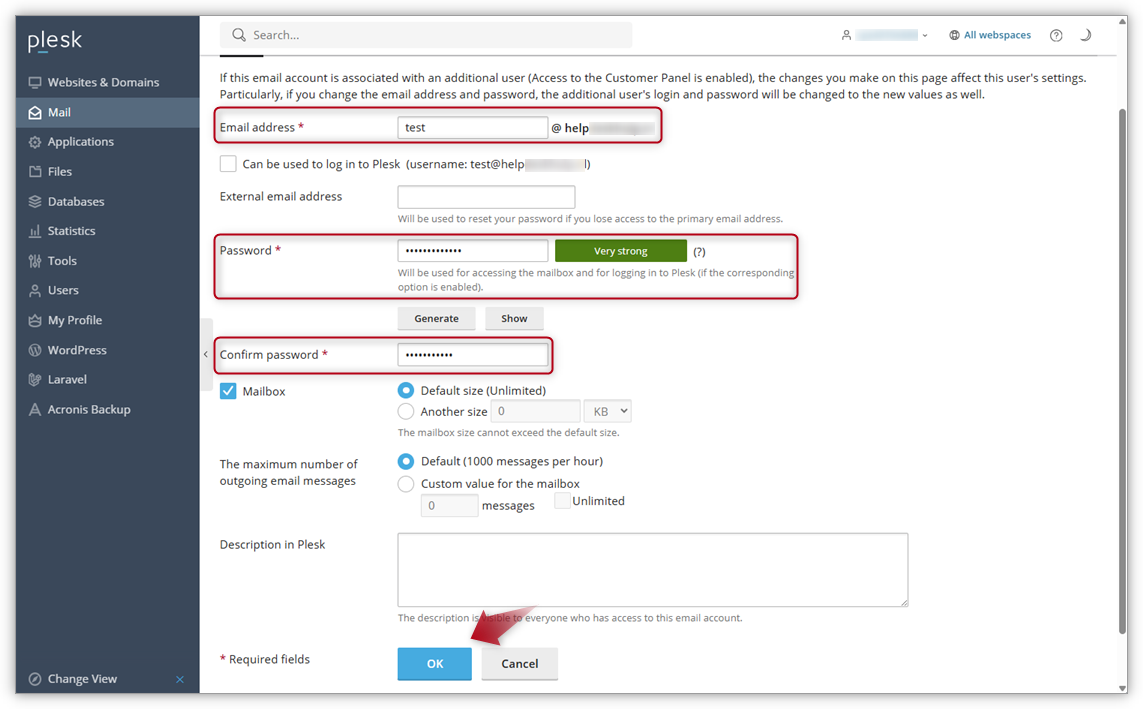 Screenshot of Mail section in Plesk where the required fields to fill out is highlighted
