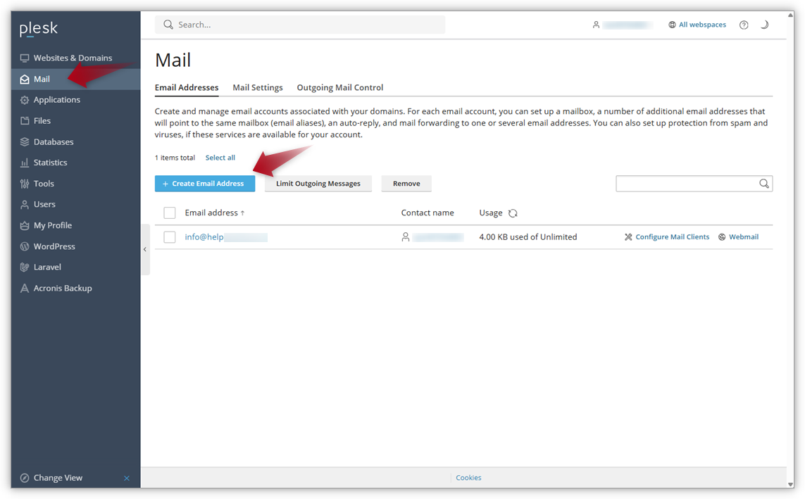 Screenshot of Plesk where an arrow points at Mail and another arrow points at the button Create Email Account
