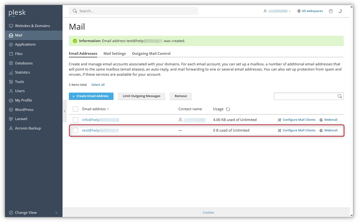 Screenshot of Plesk where the new account is created.