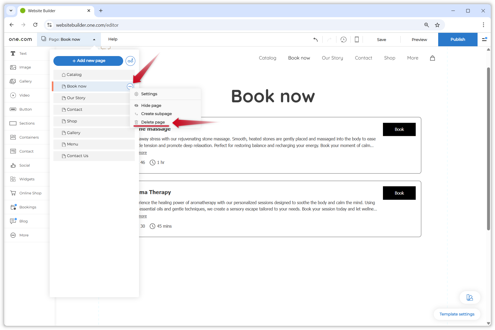 Screenshot showing the booking page in the Website Builder editor. The pages menu is unfolded and a red arrow points to the 'Delete page' option.