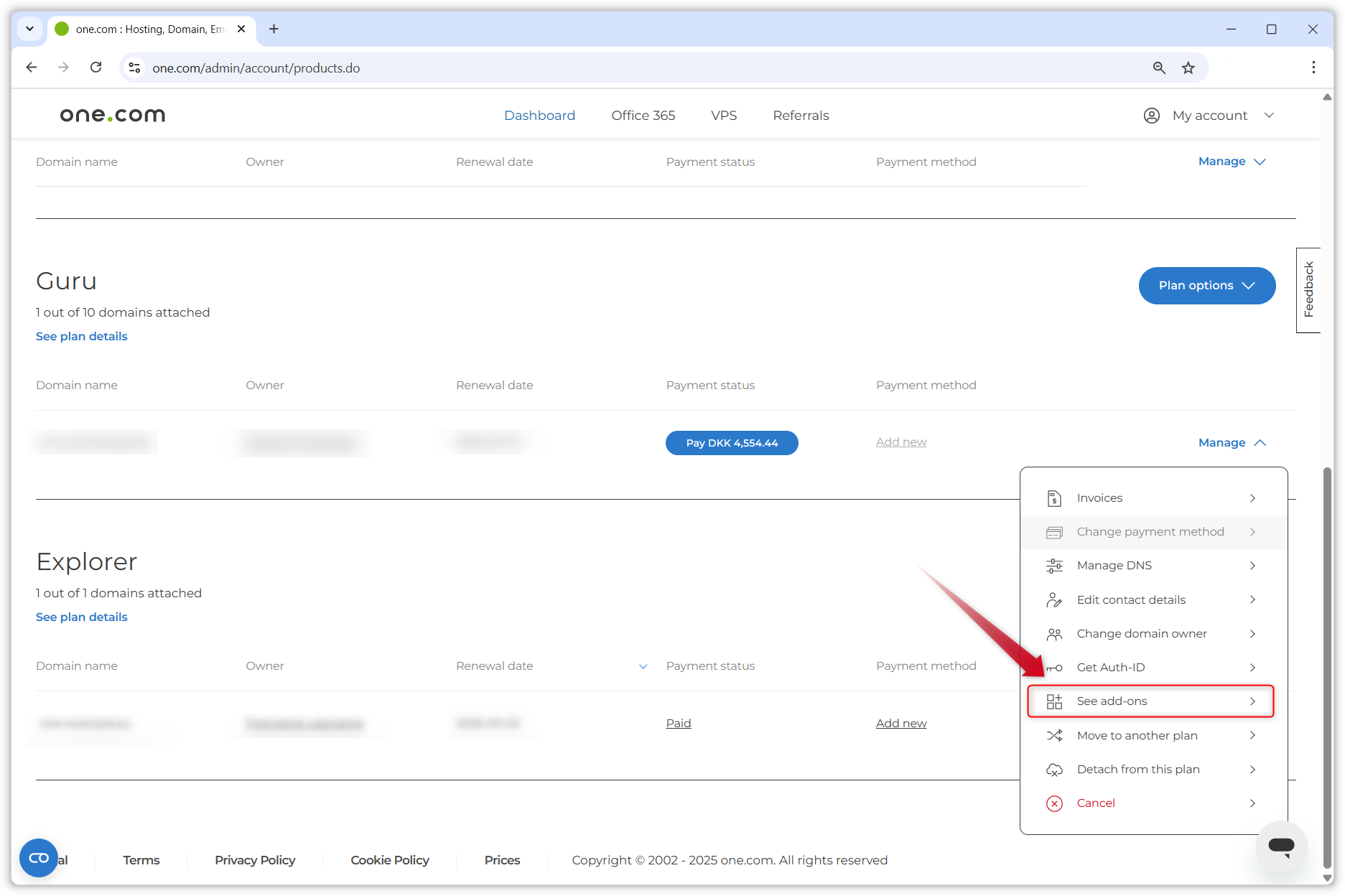 Screenshot showing the 'My products' overview in the Control Panel. A red arrow points to the 'See add-ons' option in the 'Manage' menu. 