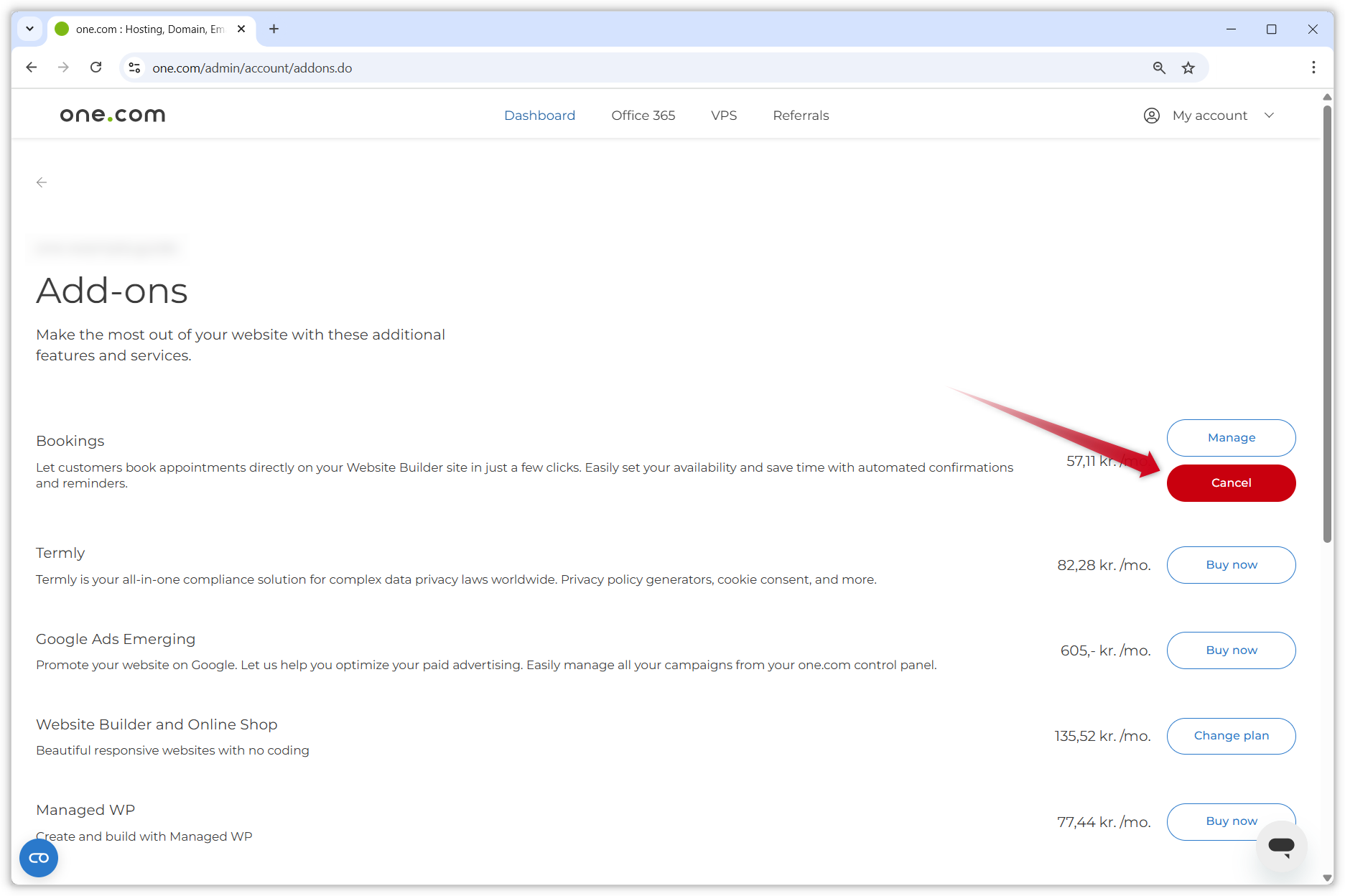 Screenshot showing the add-ons page. A red arrow points to the red 'Cancel' button next to the Bookings add-on.