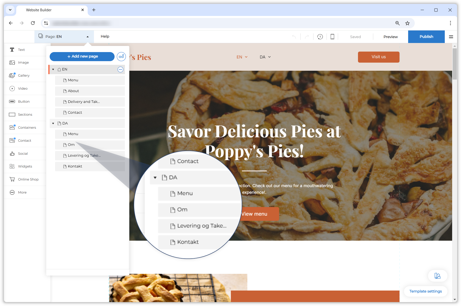 Screenshot showing the open pages menu. A magnifying glass zooms in on of the main pages with the subpages below it.