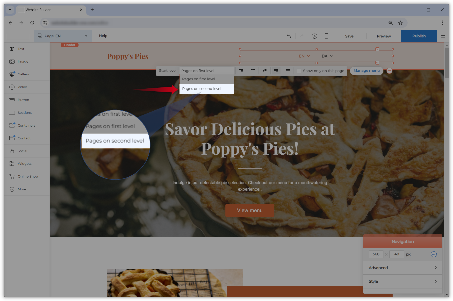Screenshot showing the open settings of the menu component. A magnifying glass zooms in on the "Pages on second level" option.