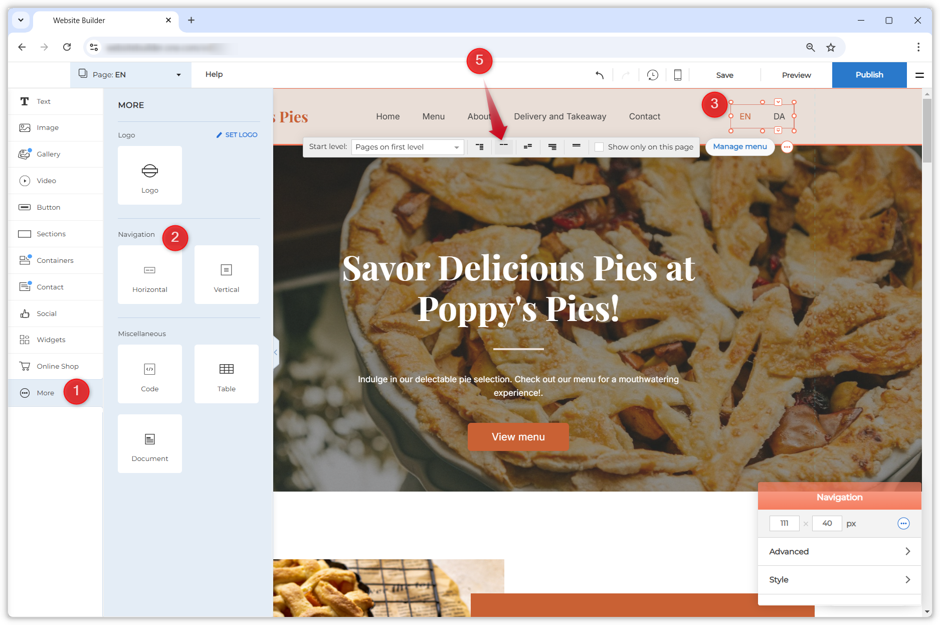 Screenshot showing the Website Builder editor. Red, numbered circles point out the focus areas of step one, two, three and five.