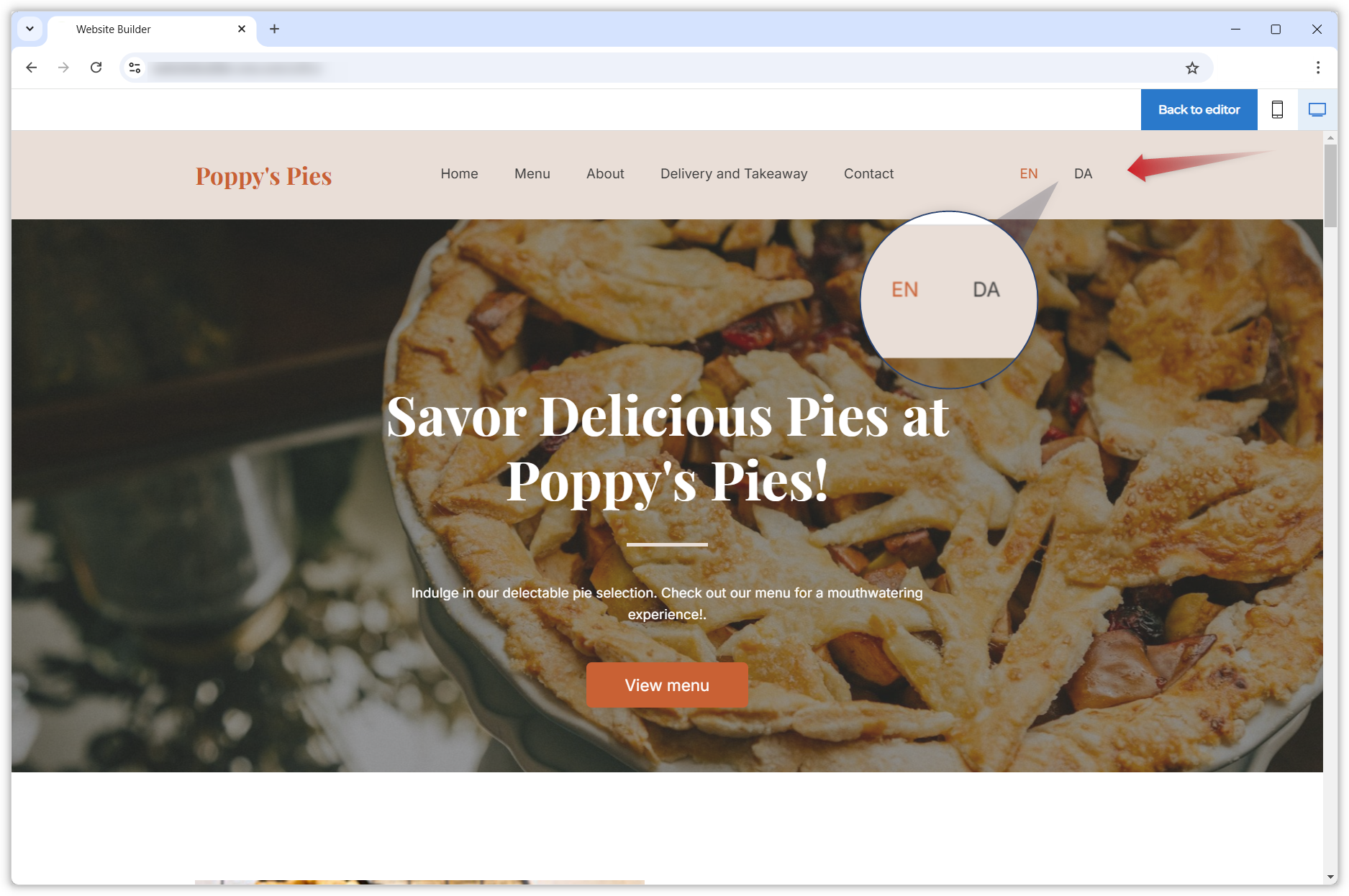 Der Screenshot zeigt die Website im Vorschaumodus. Ein roter Pfeil und ein Vergrößerungsglas zeigen auf das Sprachauswahl-Menü.