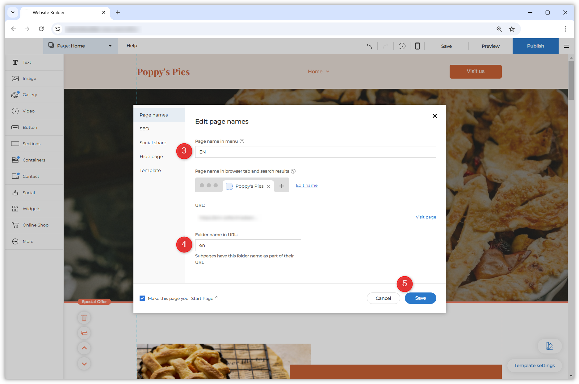 Screenshot showing the open page settings menu. Three red circles with the numbers three, four and five show where the focus for step three, four and five should be.