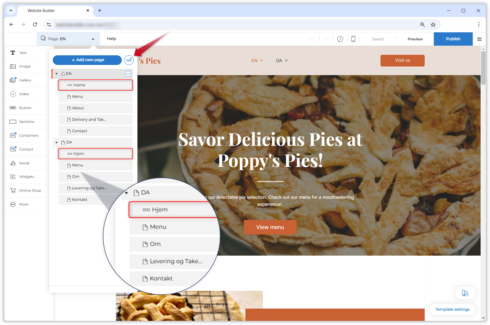 Screenshot showing the open pages menu. Red frames highlight the Home page of each language. A red arrow points to the link icon at the top of the overview, and a magnifying glass zooms in on one of the Home pages to show the link icon next to the page name.