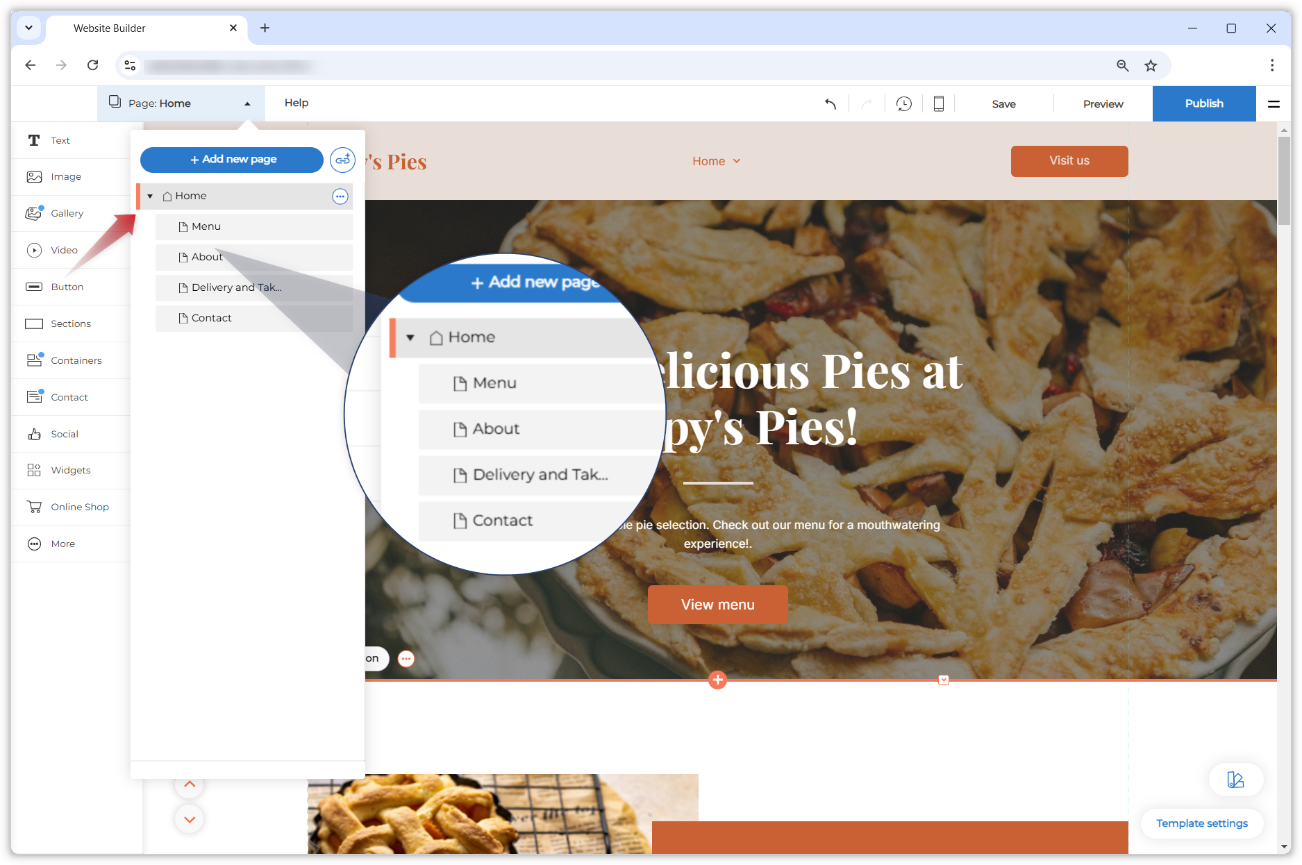 Screenshot showing the Website Builder editor. The pages menu is open and a red arrow points to the main Home page with subpages below it.