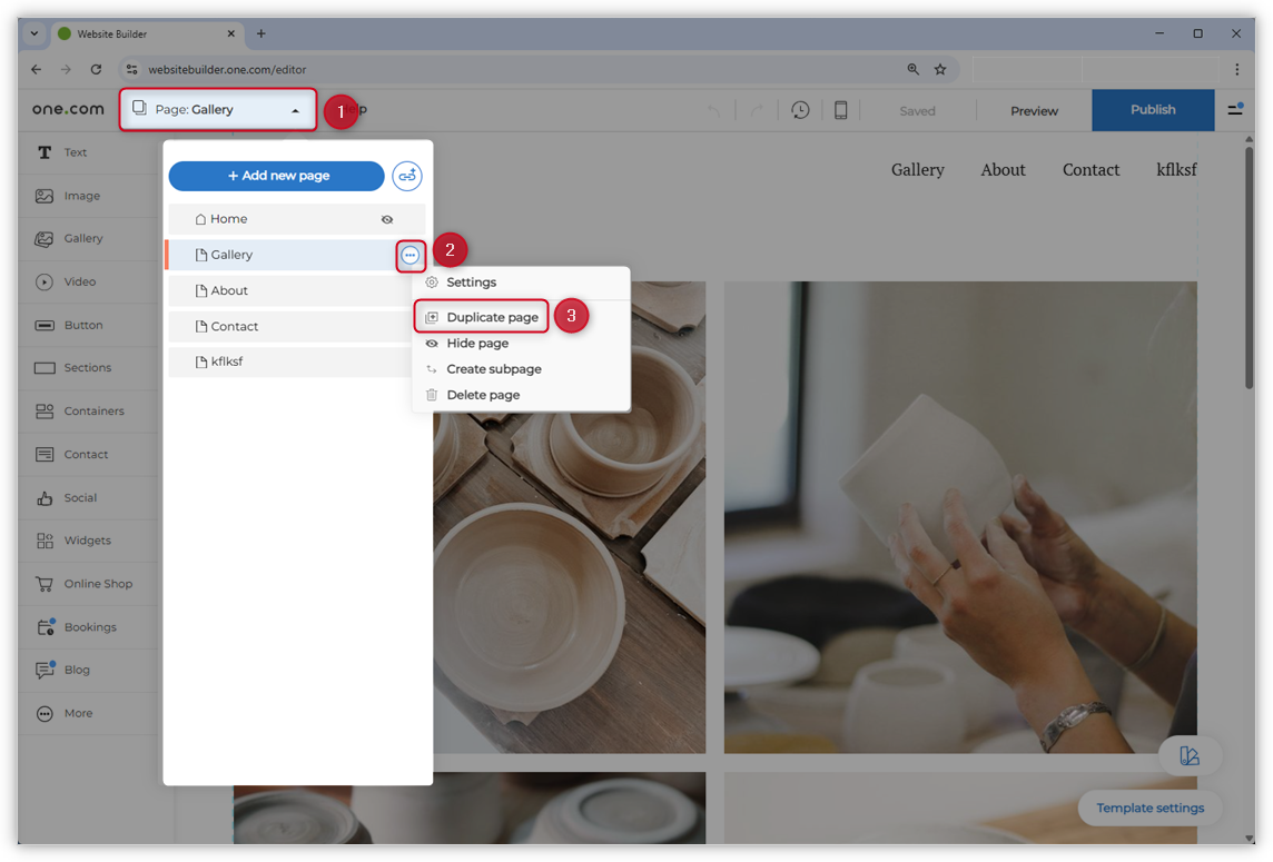 Screenshot of the Website Builder editor, which highlights the pages menu, the icon with three dots, and the Duplicate page option in the menu.