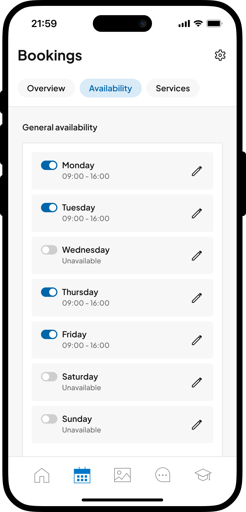 Pour ouvrir les paramètres de réservation : Capture d'écran des jours disponibles dans l'application Companion.