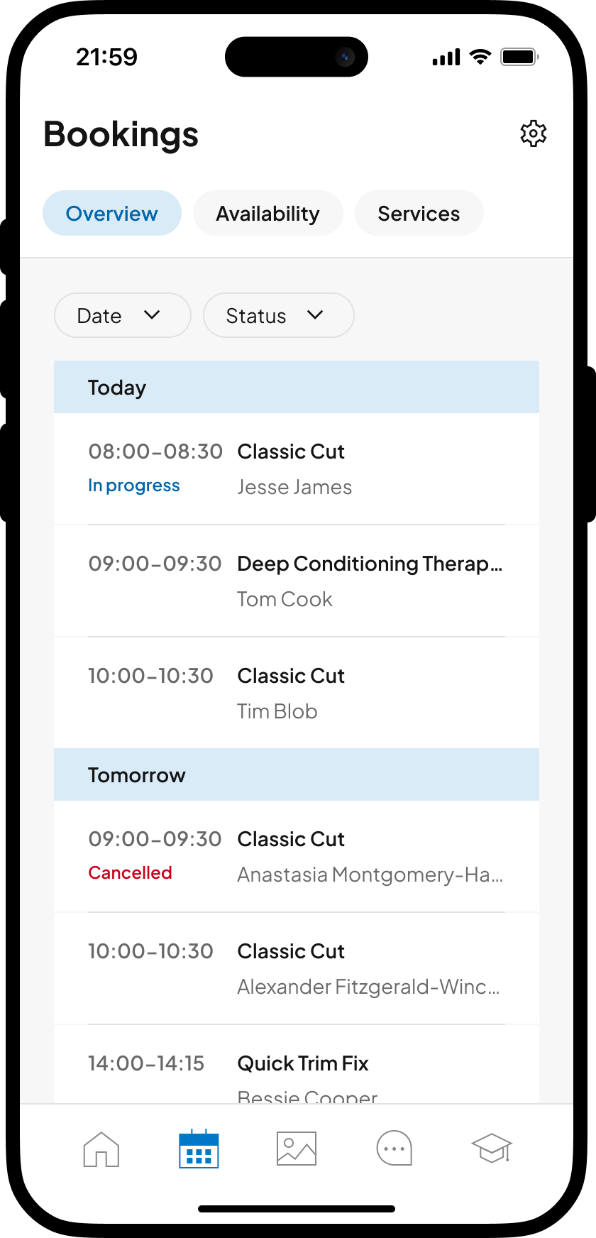 A screenshot of the Bookings overview in the Companion app.