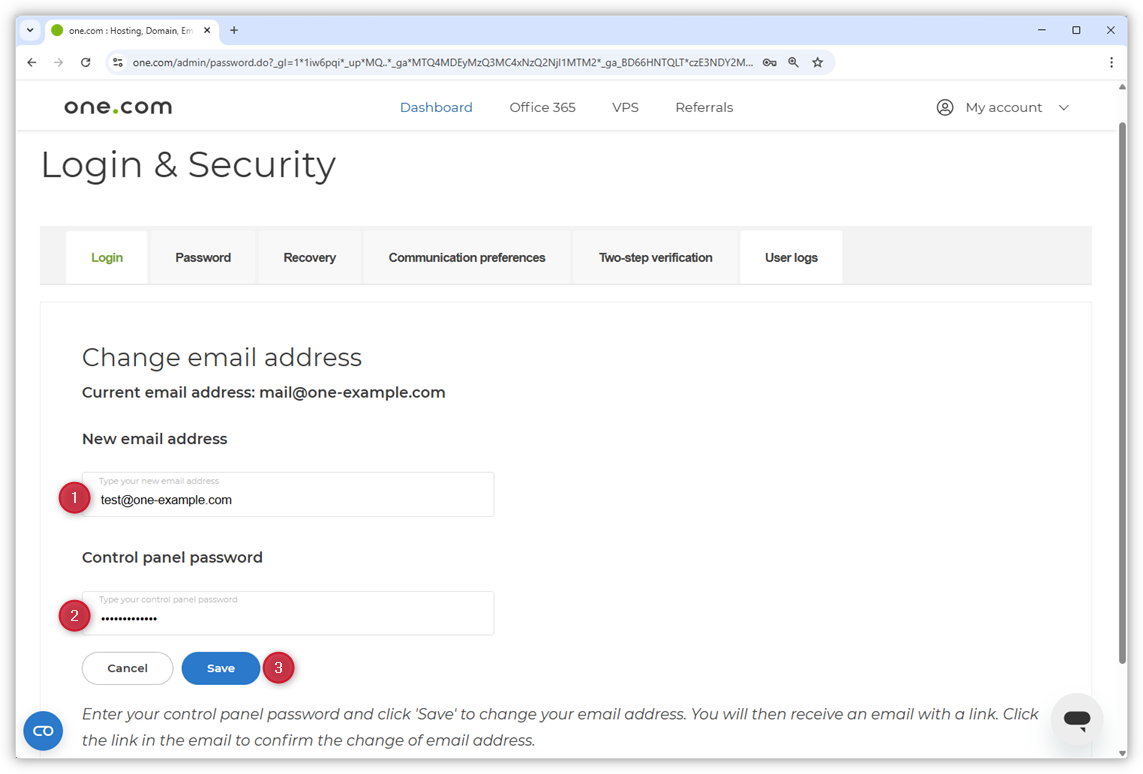 The screenshot of the Login & Security page highlights the fields for entering the new contact email, the Control Panel password, and the Save button, indicated with red numbers.
