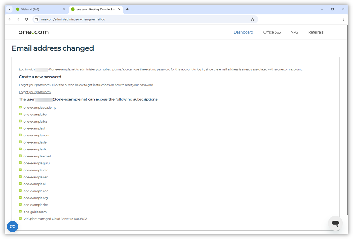 The screenshot confirms that the email address has been changed and lists all affected subscriptions.