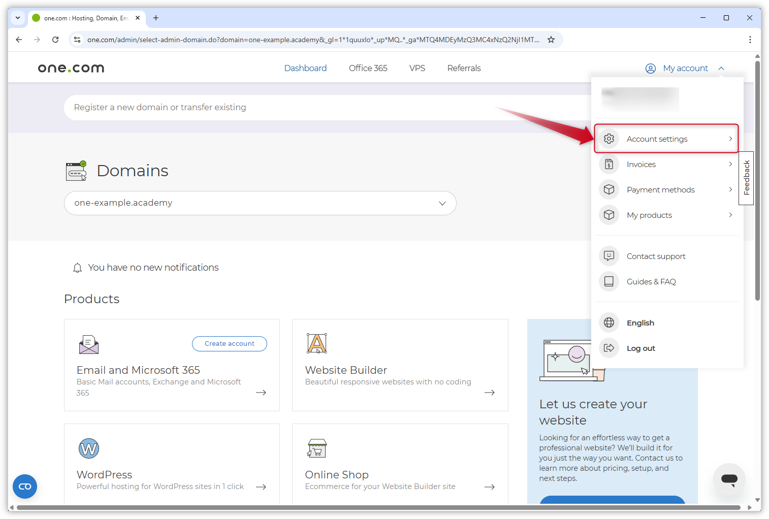 The screenshot shows a red arrow pointing to ‘Account settings’ at the top of the displayed menu.