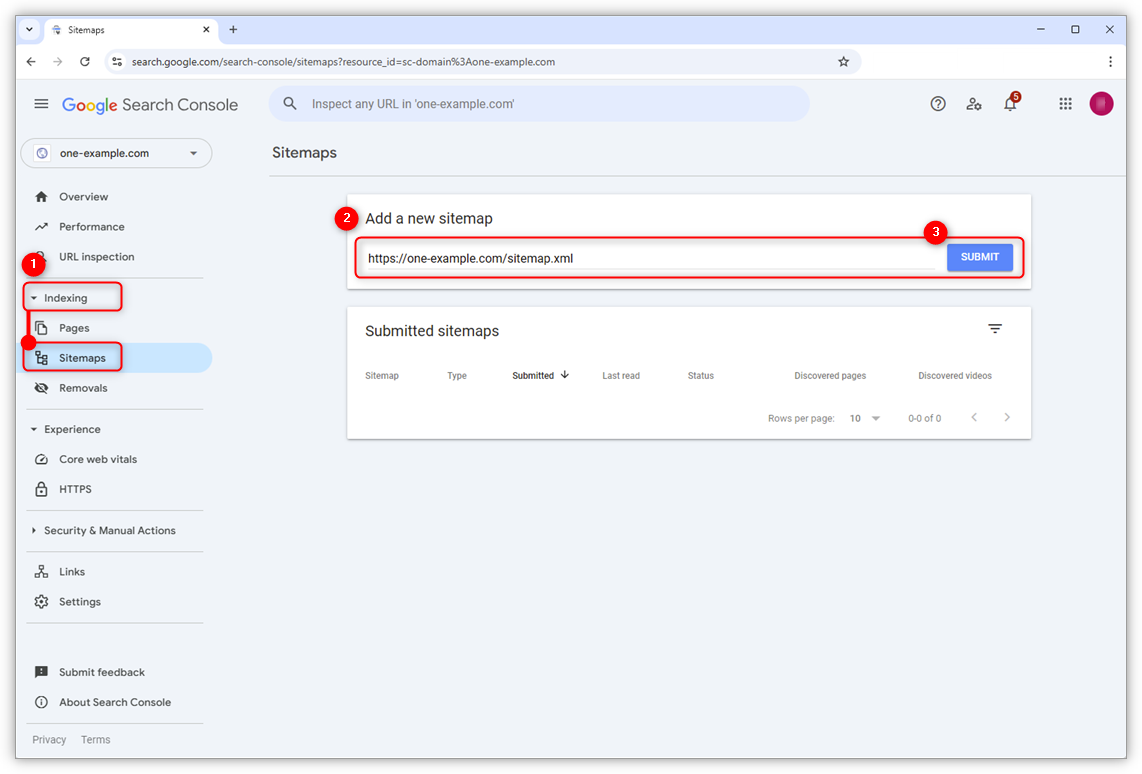 Screenshot of the left menu with 'Indexing' opened and 'Sitemaps' selected. The field to enter the sitemap with the 'Submit' button is also highlighted.
