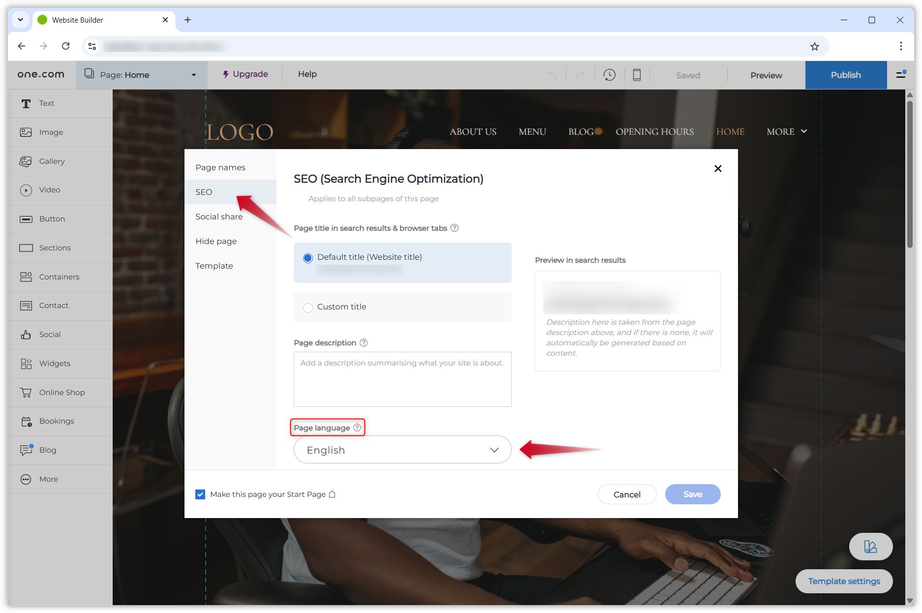 Screenshot showing the Website Builder settings. The SEO page is open and a red arrow points to the Page language setting at the bottom of the window.