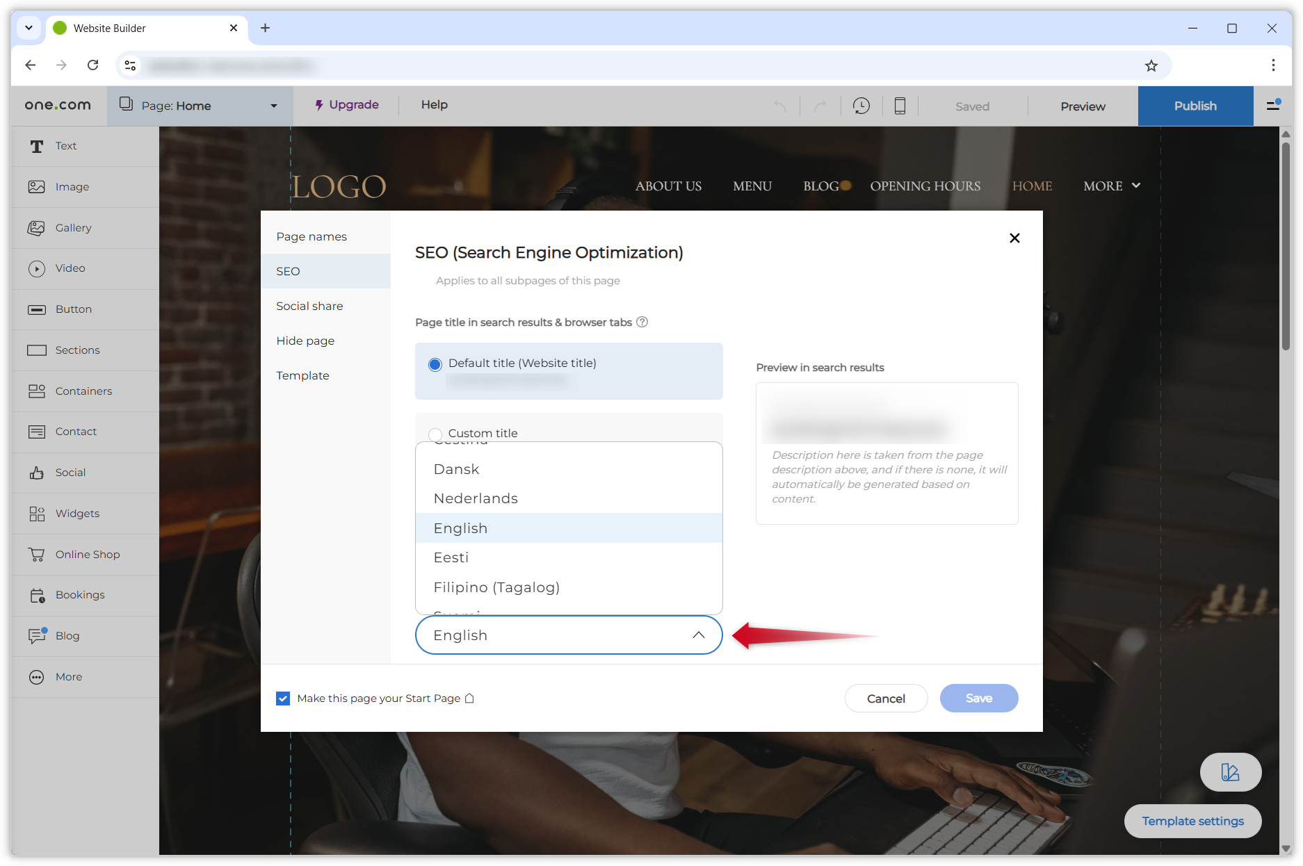 Screenshot showing the SEO page. A red arrow points to the page language setting where the drop-down menu is open.