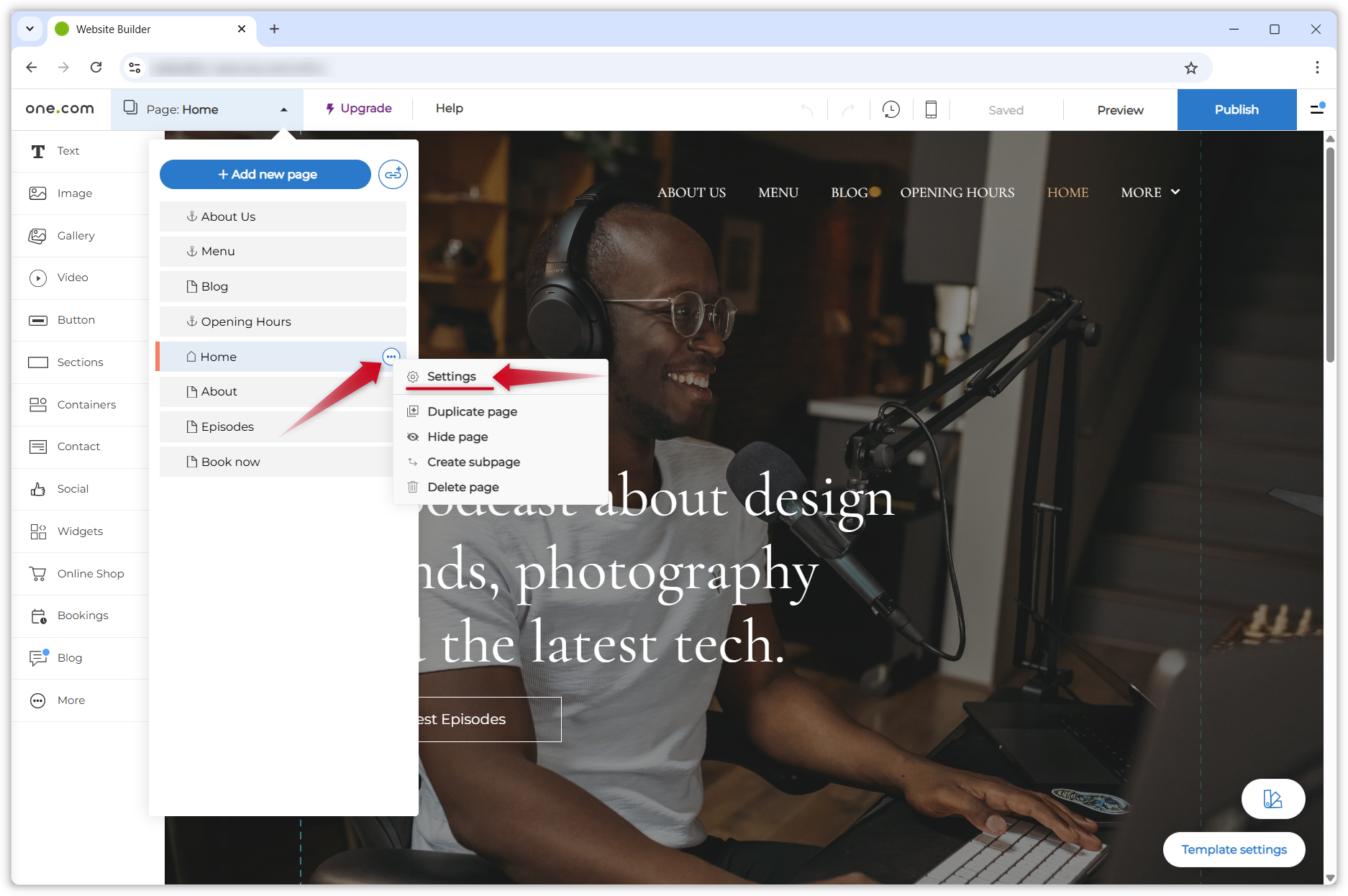 Screenshot showing the Website Builder editor. The pages menu is open, and two red arrows points to the three dot icon and the Settings option respectively.