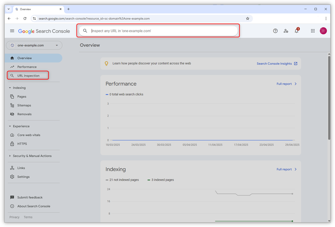Skærmbillede af Google Search Console med 'URL Inspection' i menuen til venstre fremhævet, og søgefeltet øverst, hvor du kan indtaste sidens fulde URL.