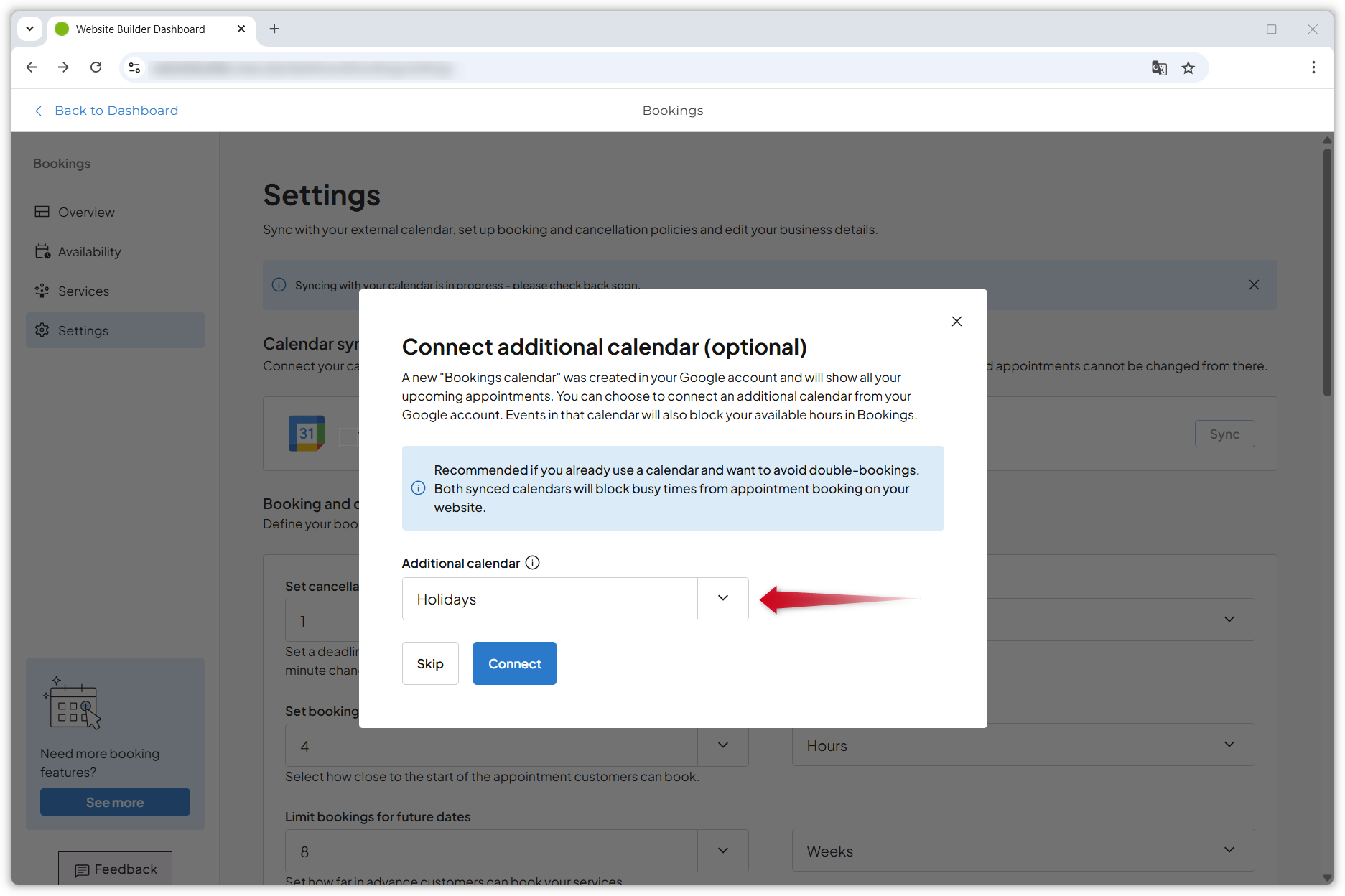 Screenshot showing a new window with the header "Connect additional calendar" in the Bookings dashboard. A red arrow points to the drop-down menu where the user can select an existing Google Calendar for the synchronization.