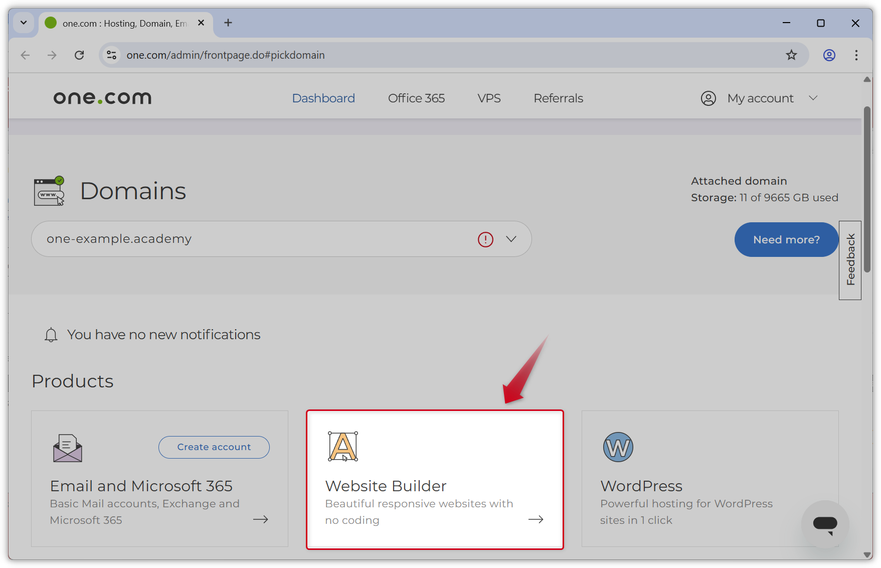 Screenshot of the one.com Control Panel. Website Builder tile is emphasised.