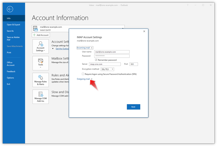 Necessities administration ånd Where can I find the server settings in Outlook 2016? – Support | one.com