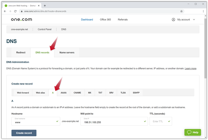 How Do I Create An A Record Support One Com