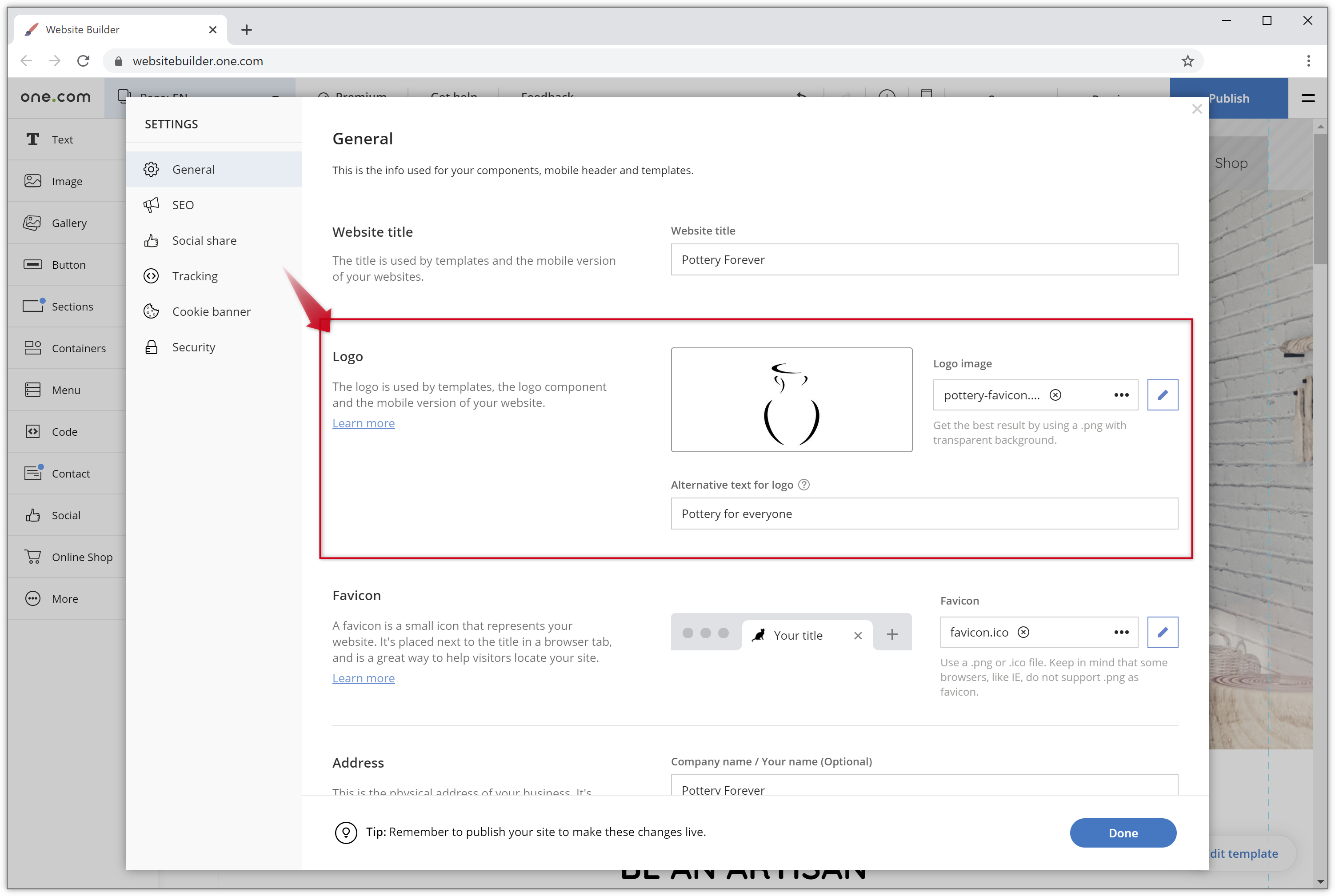 Using The Logo Component In Website Builder Support One Com