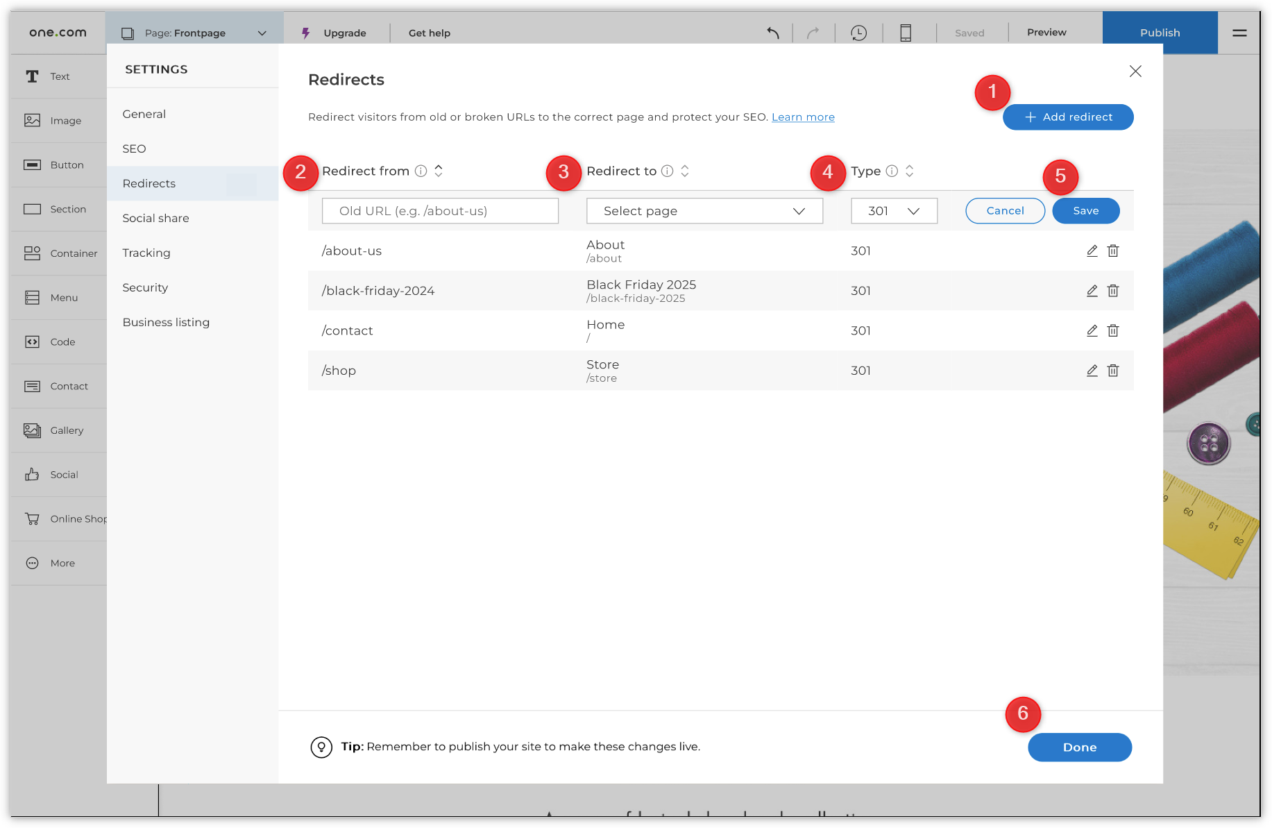 Screenshot showing the open redirects overview. Red numbered circles point to the different elements highlighted in the description.