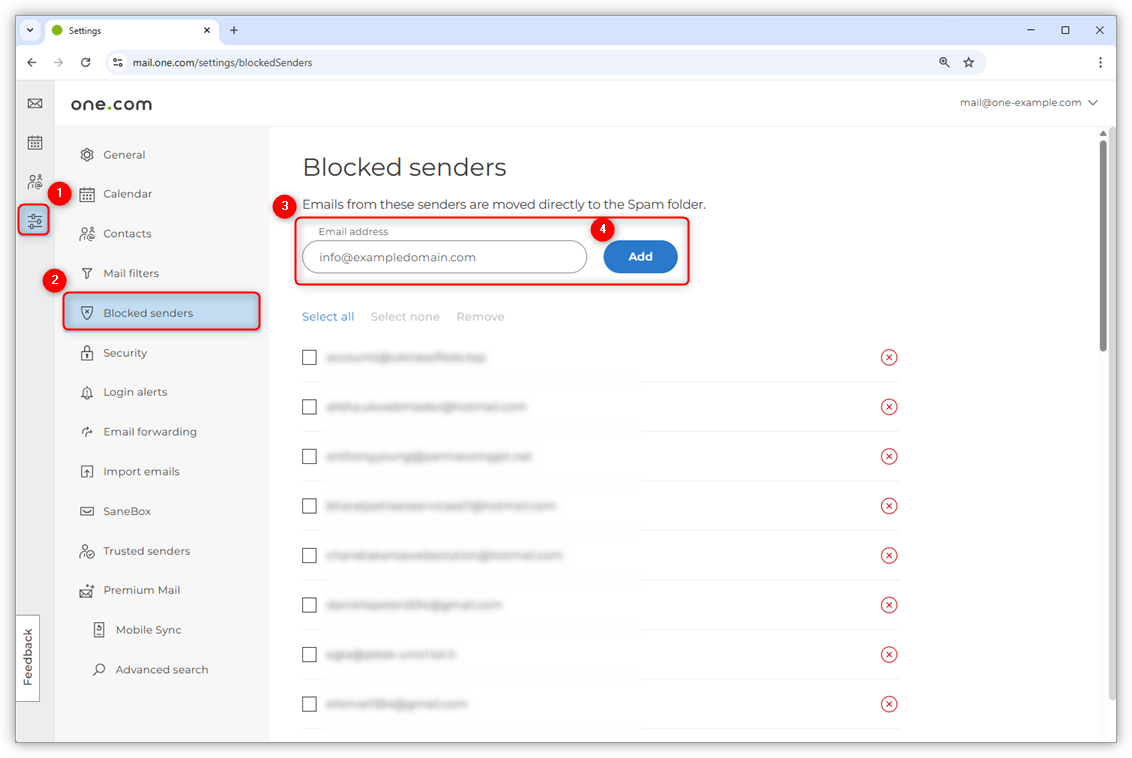 Screenshot of the Blocked senders settings in Webmail. Red numbered dots highlight the steps where to enter and add an email address to block.