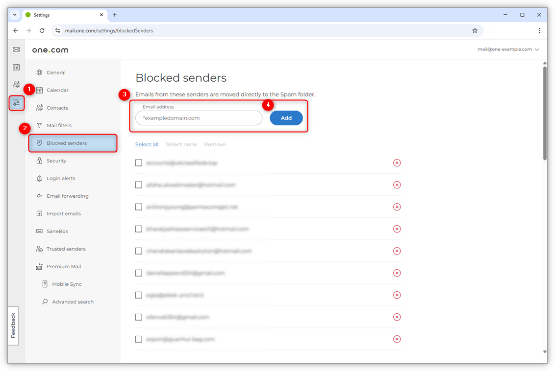 Screenshot of the Blocked senders settings in Webmail. Red numbered dots highlight the steps where to enter and add a domain with a wildcard to block all email addresses from a domain.