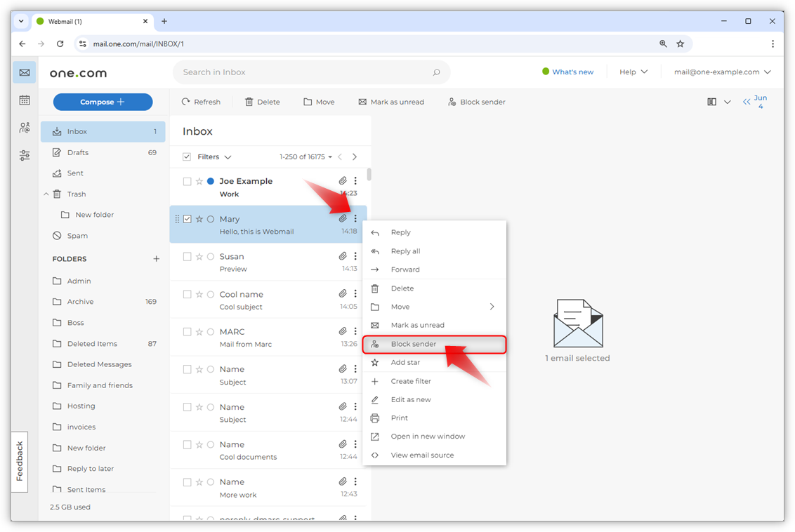  Screenshot of the opened Webmail, with red arrows indicating where the three dots and 'Block Sender' are located.