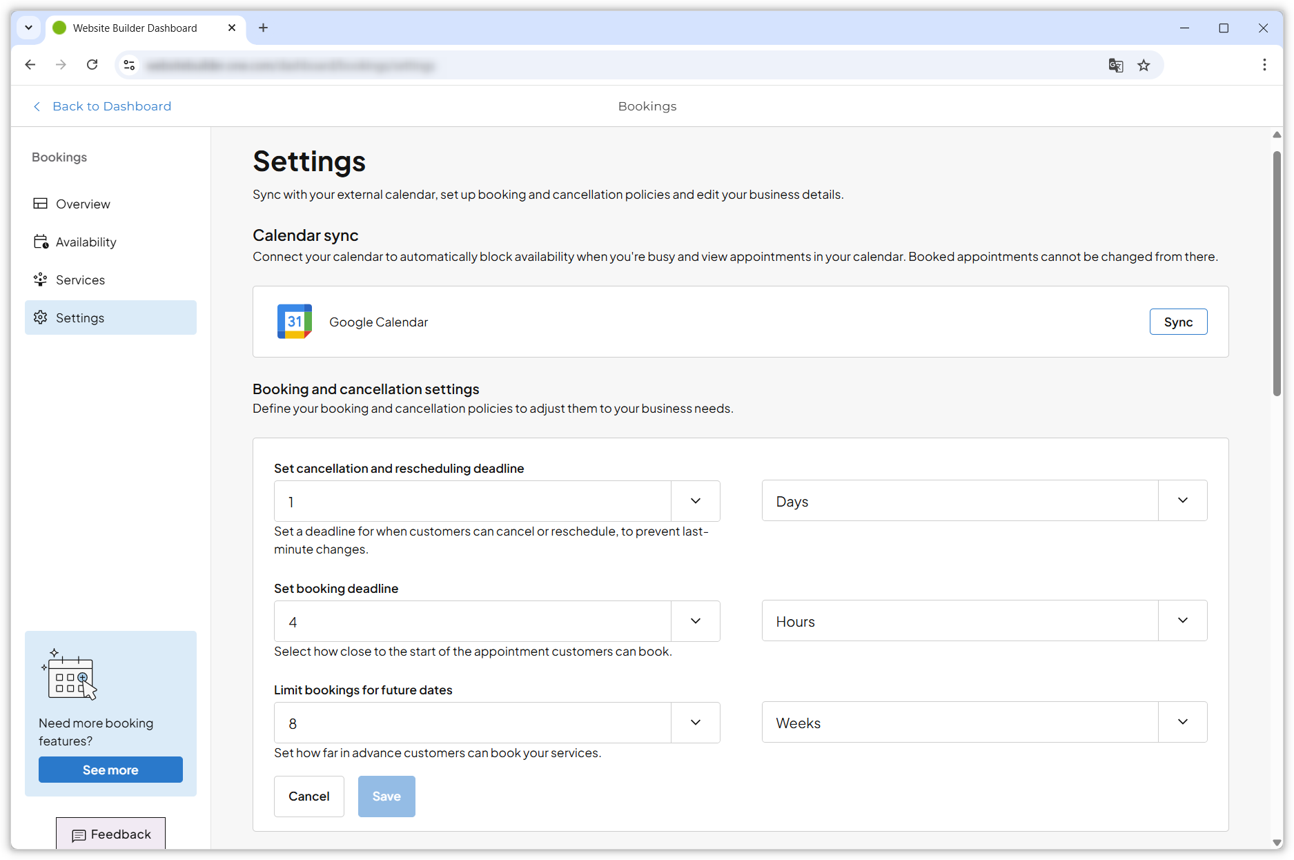 Screenshot showing the Settings section in the Bookings dashboard